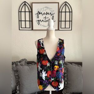 Vintage Halloween Vest 90s Spooky Jack O Lantern Size M Tie Back Button Front